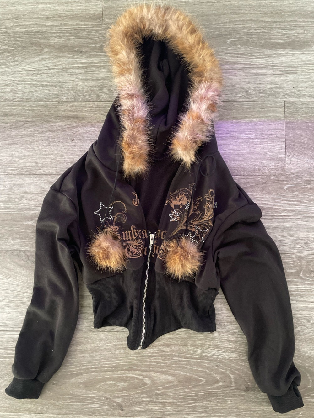 Black Women's Zip-Up Jacket with Faux Fur Accents
